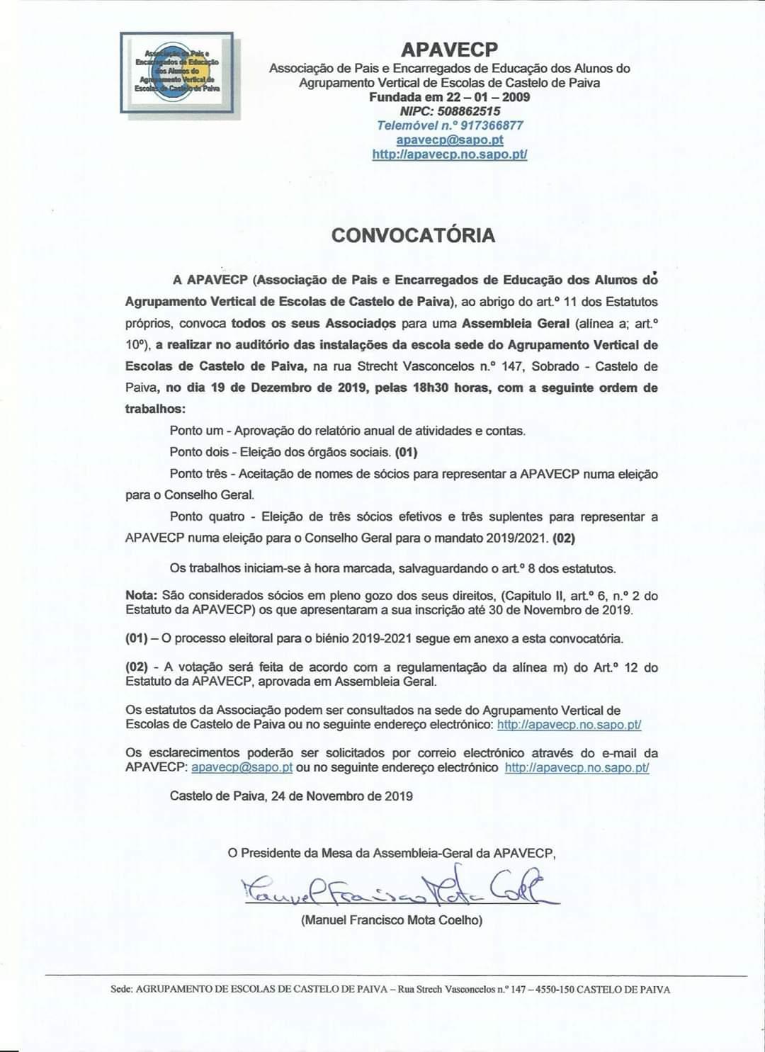 ASSOCIAÇÃO DE PAIS e E.E. do AGRUPAMENTO DE ESCOLAS DE C. PAIVA (APAVECP) - CONVOCATÓRIA
